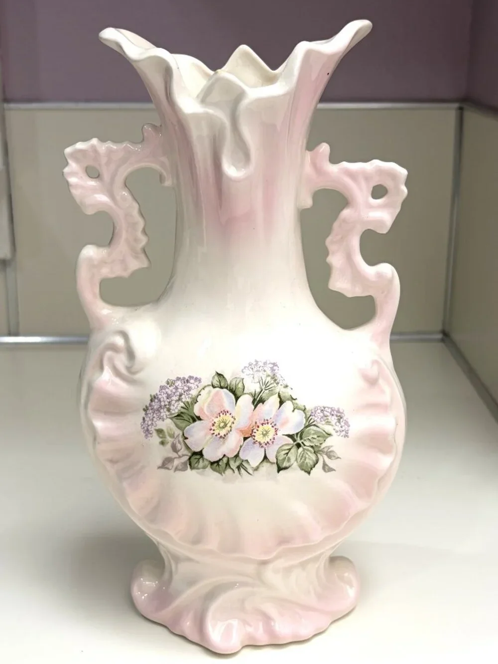 Vintage Pink White Floral Ceramic Vase Ornate Double Handle
